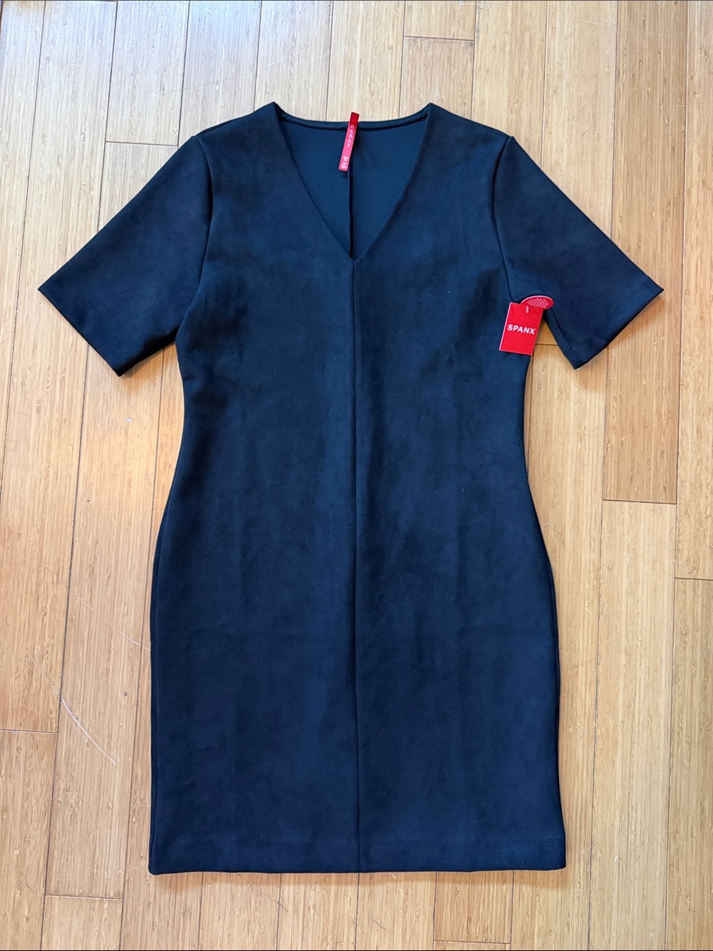 SPANX Black Faux Suede Column V-Neck Dress